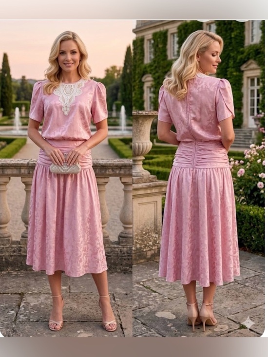 None Dresses & Skirts - Vintage .Elegant Pink Lace-Detail Midi Dress